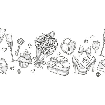 Horizontal border with monochrome sketch style Valentine's Day icons. Vector.