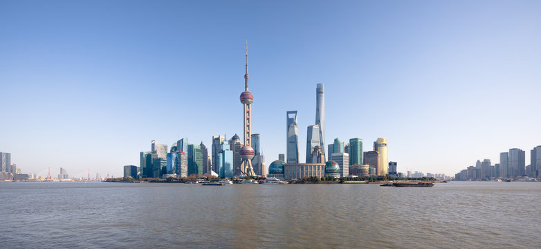 panorama of lujiazui financial district in Shanghai during a clear day  ( China ; Asia )
