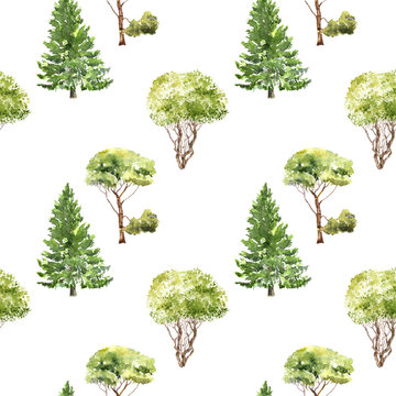 seamless pattern with trees drawing by watercolor