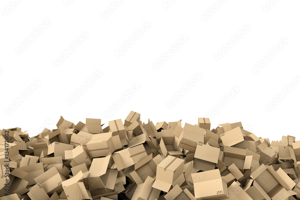 Aufkleber rendering frame made of light beige open cardboard mail boxes lying at the bottom on white backgroun