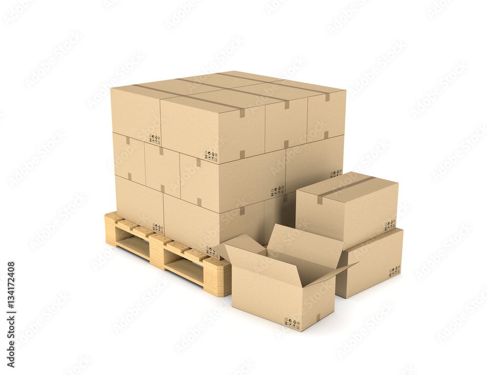 Poster rendering of several carton boxes stacked evenly on a double-decked pallet