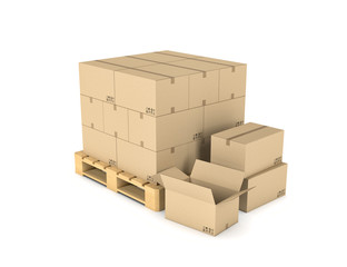 Rendering of several carton boxes stacked evenly on a double-decked pallet