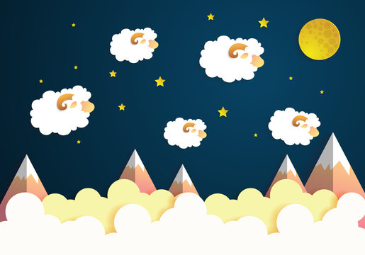 Cartoon Sweet Dreams with Sheep, Moon and Stars on sky.paper art
