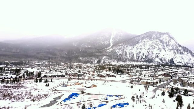Aerial view of frozen marina in the mountains