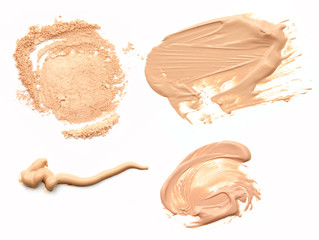 Collage of decorative cosmetics on white background. Beauty and makeup concept