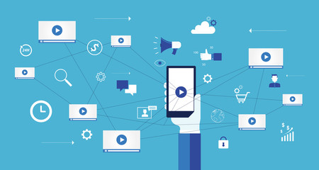  video marketing content online concept and digital marketing content and social network connection concept