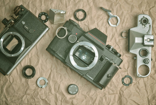 Disassembled vintage camera. Top view.

