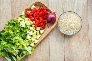 raw ingredients, brown rice and vegetables