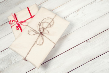 Gift boxes on wooden table