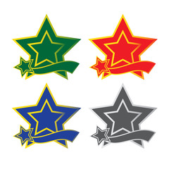 Set of gradient color stars with ribbons and star. Vector badge.