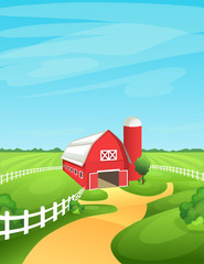 Farm landscape vector illustration. Bright and sunny rural background with barn, fields, pastures, meadows