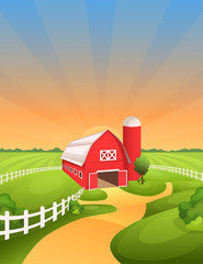Farm landscape vector illustration. Bright and sunny rural background with barn, fields, pastures, meadows