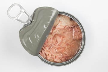 canned tuna isolated on white / Canned soy free albacore white meat tuna packed in water / open tuna tin on a white background / tuna fish isolated on white 
