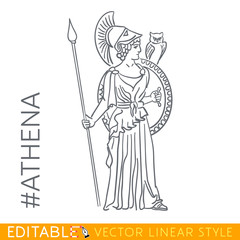 Athena. Goddess of reason, wisdom, intelligence, skill, peace, warfare, battle strategy, and handicrafts. Series Greek gods. Editable line drawing. Stock vector illustration.
