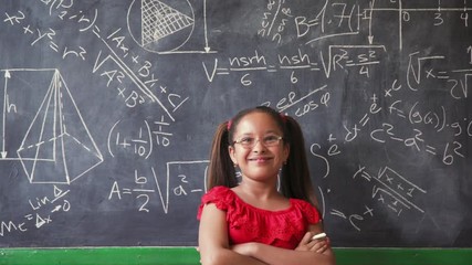 Concepts on blackboard at school. Young people, students and pupils in classroom. Smart hispanic girl writing math formula on board during lesson. Portrait of female child smiling, looking at camera - Powered by Adobe