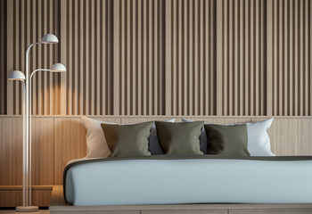 Modern peaceful bedroom interior 3D Rendering Image. Minimalist style.There are decorate wall with wood,basic Simple