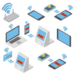 Wireless technologies. The concept of different wireless mobile devices, purchase, sale at internet. Isometric vector illustration