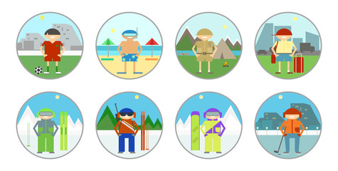 Set stickers, badges. Tourism and leisure, summer and winter kinds of sport on holiday. Vector sign, icon