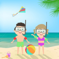 Summer beach holiday. Boy and girl in scuba mask at the beach. Diving. Sea landscape, vector cartoon