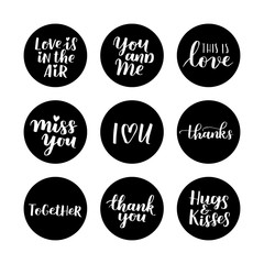 Valentines holiday vector set - black and white design elements and hand written lettering for your design. Romantic sticker collection with love quotes.