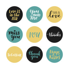 Fototapeta na wymiar Valentines holiday vector set - turquoise, black and gold design elements and hand written lettering for your design. Romantic sticker collection with love quotes.
