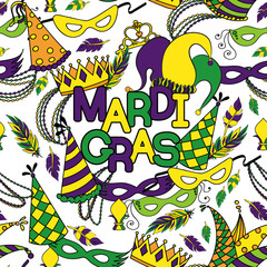 Mardi Gras seamless pattern. Colorful background with carnival mask and hats, jester's hat, crowns, fleur de lis, feathers and ribbons. Vector illustration
