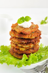 Potato pancakes with sour cream and lettuce