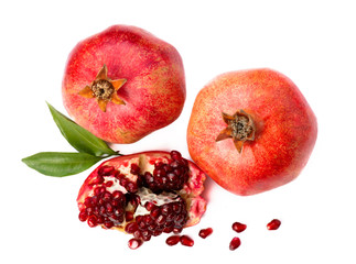 Pomegranate fruit isolated on white background. Slice. Top view.
