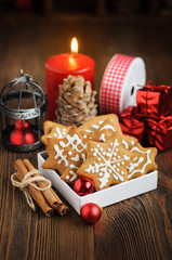 Christmas biscuits, decorations, vintage toned