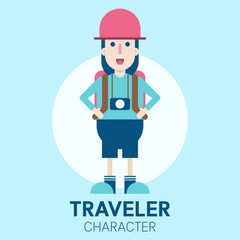 Cartoon character traveler standing and smiling. Vector flat style illustration.