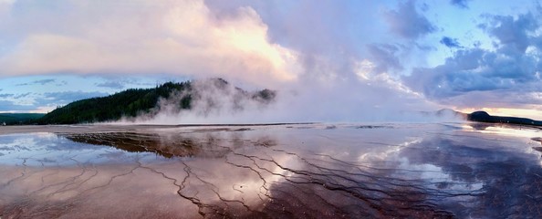 Grand Prismatic Spring of Yellowstone at sunset. Midway Geyser Basin. Yellowstone National Park. Jackson Hole. Wyoming. United States.