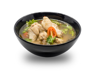 Hot and spicy chicken soup in black bowl on white background, Th