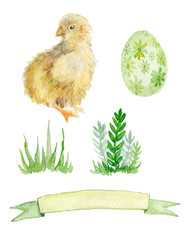 Watercolor Easter set with cute chicken and colored egg. Modern design. Hand painted set of elements for easter invitations and cards
