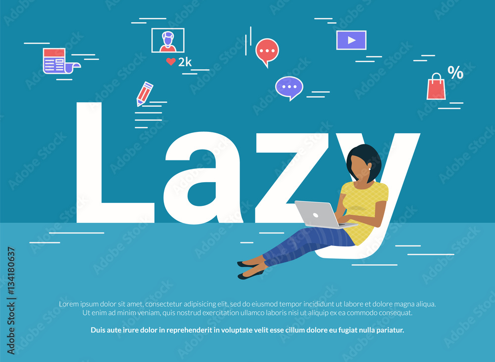 Poster woman sitting with laptop on letters lazy and working, hands typing a message in social networks. fl