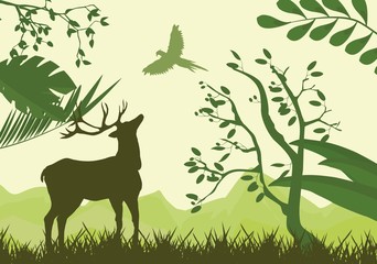 Deer in forest green vector silhouettes