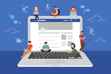Social network web site surfing concept illustration of young people using mobile gadgets such as smarthone, tablet and laptop to be a part of online community. Flat guys and women on big notebook - obrazy, fototapety, plakaty