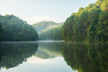 Viewpoint mountain reflection on reservoir , Pang Oung, Mae Hong