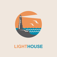 lighthouse icon design with ocean waves and seagulls