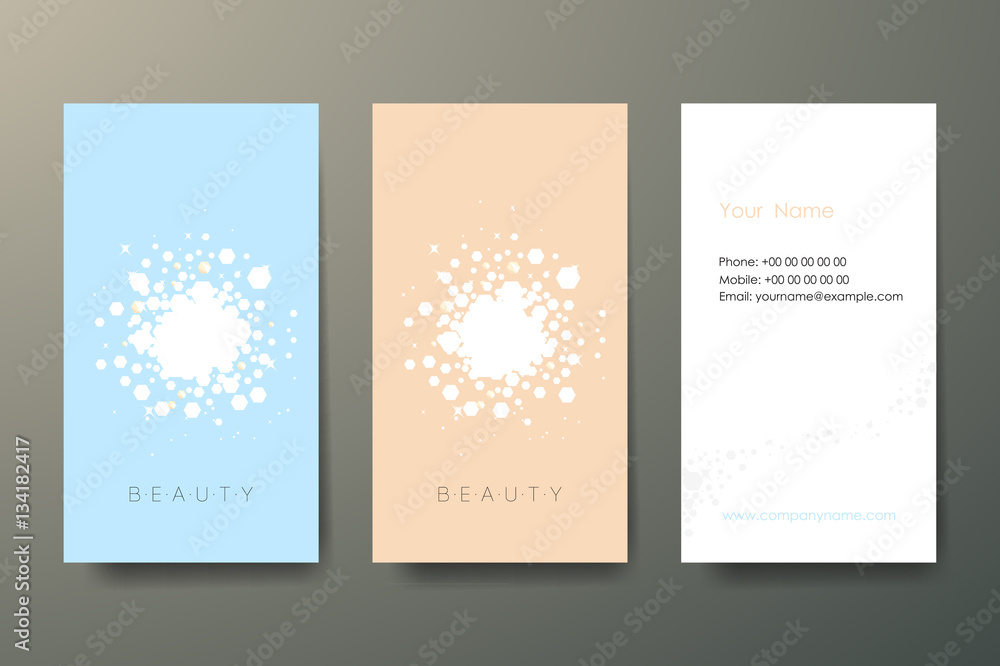 Poster set of three light vertical abstract business cards with graphic elements and text on grey backgroun