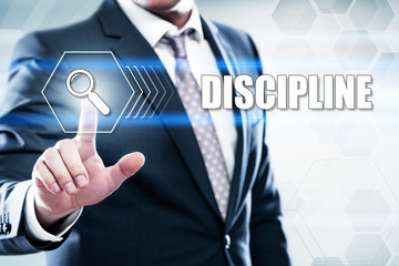Business, technology, internet concept on hexagons and transparent honeycomb background. Businessman  pressing button on touch screen interface and select  discipline