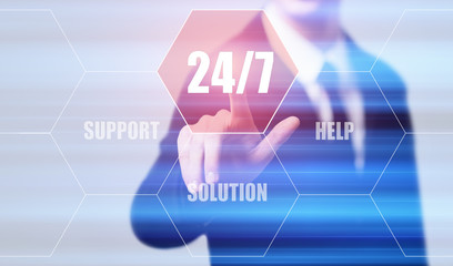 businessman pressing button on virtual screens