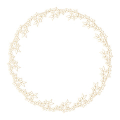 Round golden frame made of branches with young leaves. Outline of branches with leaves.