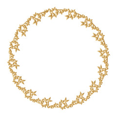 Round golden frame made of branches with leaves.