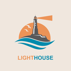 lighthouse icon design with ocean waves and seagulls