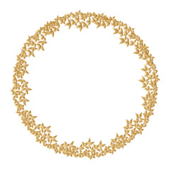 Round golden frame made of branches with leaves.