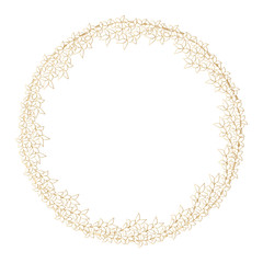 Round golden frame made of branches with young leaves. Outline of branches with leaves.