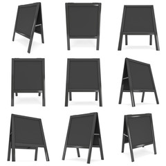 Sandwich board Set. Black menu outdoor display with clipping path. Trade show booth. 3d render isolated on white background. High Resolution Template for your design.