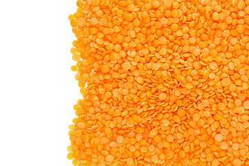 Border of red purified lentil closeup with copy space on white background. Isolated. Healthy protein food.