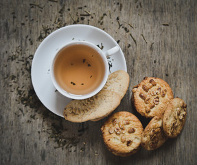 Tea cup and cookies on the desk view from above