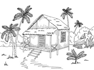 Jungle hut house graphic black white sketch illustration vector